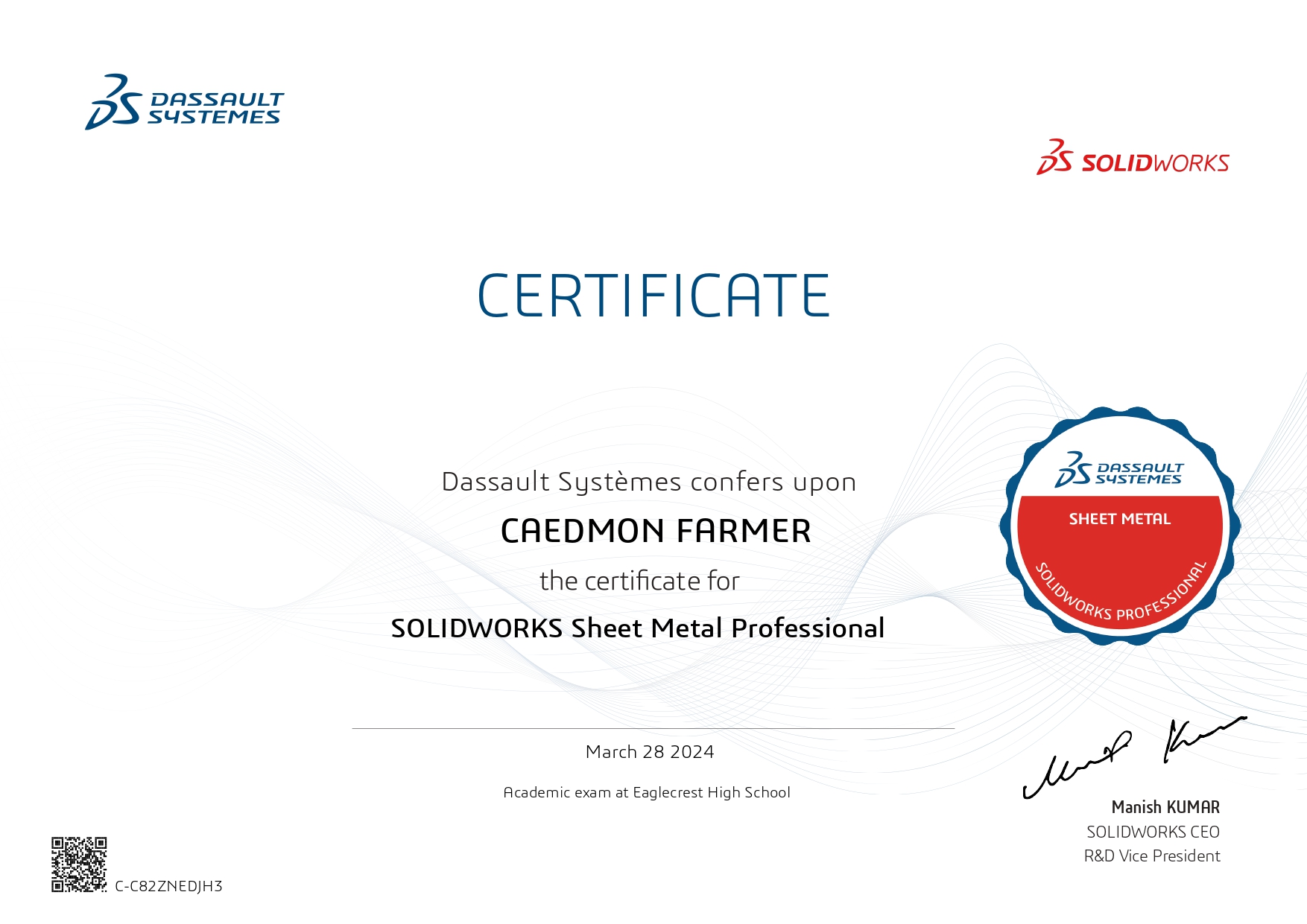 CSWPA Sheet Metal Solidworks Certification screenshot